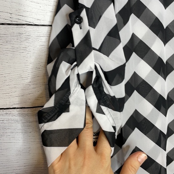Bongo Black & White Chevron Stripe Sheer Button Down Blouse with Lace Insets - Picture 2 of 4